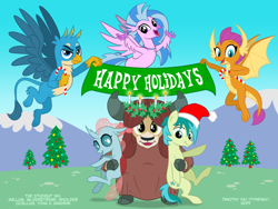 Size: 1280x960 | Tagged: safe, alternate version, artist:tim-kangaroo, gallus, ocellus, sandbar, silverstream, smolder, yona, changedling, changeling, classical hippogriff, dragon, earth pony, griffon, hippogriff, pony, yak, bow, candy, candy cane, christmas, christmas tree, cloven hooves, colored hooves, cute, diaocelles, diastreamies, dragoness, drawfriend, equestria daily, female, field, food, gallabetes, hair bow, hearth's warming eve, holiday, hug, jewelry, looking at you, magic, male, monkey swings, necklace, poster, sandabetes, smiling, smolderbetes, student six, teenager, tree, yonadorable