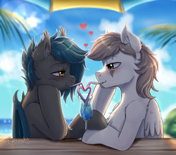 Size: 1600x1410 | Tagged: safe, artist:evomanaphy, oc, oc only, oc:nuke, oc:speck, bat pony, pegasus, pony, beach, bendy straw, blushing, couple, drink, drinking, drinking straw, female, human shoulders, husband and wife, looking at each other, male, married couple, married couples doing married things, not kej, sharing a drink, smiling, speke