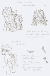 Size: 758x1140 | Tagged: safe, artist:ravenpuff, oc, oc only, oc:claudia, earth pony, original species, pony, earth pony oc, female, grayscale, homunculus, key, mare, monochrome, raised hoof, reference sheet, stitches, traditional art