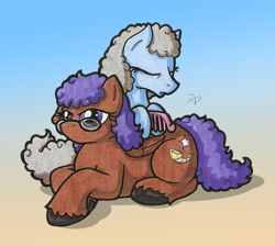 Size: 658x589 | Tagged: safe, artist:ravenpuff, oc, oc only, oc:claudia, oc:skye gazer, pegasus, pony, abstract background, comb, duo, eyes closed, female, glasses, mare, pegasus oc, prone, sleeping, traditional art, unshorn fetlocks, wings