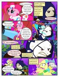 Size: 612x792 | Tagged: safe, artist:christhes, derpibooru import, fluttershy, pinkie pie, earth pony, pegasus, pony, collaboration, comic:friendship is dragons, angry, arrows, cloak, clothes, comic, crossbow, crossover, dialogue, dress, female, fight, frown, gala dress, garrett, hat, looking up, male, mare, night, onomatopoeia, party cannon, pie in the face, ponified, sad, show accurate, smiling, smirk, stallion, stars, thief (video game), unamused, vine