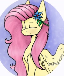 Size: 1205x1431 | Tagged: safe, artist:kim0508, fluttershy, pegasus, pony, abstract background, bust, eyes closed, female, flower, flower in hair, hair accessory, mare, portrait, solo, spread wings, three quarter view, wings