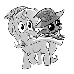 Size: 2000x2000 | Tagged: safe, artist:petirep, oc, oc only, pony, unicorn, black and white, buck legacy, card art, chibi, chubbie, fantasy class, female, floating, grayscale, hat, jewelry, levitation, magic, monochrome, not trixie, simple background, staff, telekinesis, transparent background, wizard, wizard hat