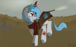 Size: 2000x1249 | Tagged: safe, artist:exvius, oc, oc:frost flare, kirin, pony, fallout equestria, action, bandage, blood, bloody bandages, cloak, clothes, cloven hooves, gun, kirin oc, magic, running, scarf, shooting, solo, waist land, wasteland, weapon