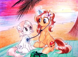 Size: 3153x2322 | Tagged: safe, artist:liaaqila, oc, oc only, oc:healing touch, oc:tranquil paradise, pony, unicorn, beach, checkup, first aid kit, flower, flower in hair, glowing horn, horn, listening, not sunset shimmer, nurse, palm tree, pine tree, sand, sky, stethoscope, sunset, traditional art, tree, tree branch, water