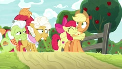 Size: 1920x1080 | Tagged: safe, derpibooru import, screencap, apple bloom, applejack, big macintosh, goldie delicious, granny smith, earth pony, pony, going to seed, apple siblings, apple tree, hug, tree