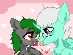 Size: 884x663 | Tagged: artist needed, source needed, safe, oc, oc only, oc:darknightprincess, oc:legend, pegasus, female, glasses, green mane, heart, love, male, mare, red eyes, shipping, stallion, straight, white mane