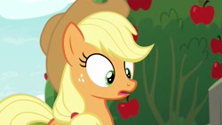 Size: 1920x1080 | Tagged: safe, derpibooru import, screencap, applejack, earth pony, pony, going to seed, apple, food, solo