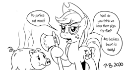 Size: 1200x675 | Tagged: safe, artist:pony-berserker, applejack, earth pony, pig, pony, pony-berserker's twitter sketches, axe, black and white, breaking the fourth wall, grayscale, hat, i can't believe it's not idw, implied ponies eating meat, looking at you, monochrome, signature, simple background, speech bubble, weapon, white background