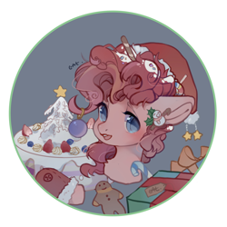 Size: 2008x2008 | Tagged: safe, artist:小huhu狸君呀, pinkie pie, earth pony, pony, cake, candy, candy cane, christmas, christmas ornament, decoration, female, food, gingerbread man, hat, holiday, looking at you, mare, present, santa hat, solo