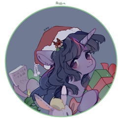 Size: 2008x2008 | Tagged: safe, artist:小huhu狸君呀, spike, twilight sparkle, twilight sparkle (alicorn), alicorn, dragon, pony, book, christmas, female, hat, holiday, looking at you, male, mare, present, santa hat