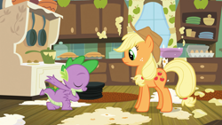 Size: 1280x720 | Tagged: safe, derpibooru import, screencap, applejack, spike, dragon, earth pony, pony, spike at your service, apple, apple pie, bowing, drawer, duo, egg, egg carton, eyes closed, female, food, frying pan, kitchen, male, mare, mess, pie