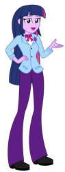 Size: 1297x3425 | Tagged: safe, artist:sketchmcreations, princess twilight 2.0, twilight sparkle, twilight sparkle (alicorn), alicorn, equestria girls, the last problem, bow, clothes, commission, equestria girls interpretation, female, hand on hip, older, older twilight, pants, raised arm, scene interpretation, solo, suit, vector