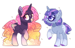 Size: 4806x3054 | Tagged: safe, artist:jxst-alexa, oc, oc only, alicorn, pony, unicorn, alicorn oc, base used, colored hooves, colored wings, ethereal mane, female, glasses, gradient hooves, gradient wings, half-siblings, heart eyes, magical lesbian spawn, mare, offspring, parent:moondancer, parent:princess luna, parent:sunset shimmer, parents:lunadancer, parents:lunashimmer, simple background, starry mane, starry wings, transparent background, two toned wings, wingding eyes