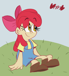 Size: 734x800 | Tagged: safe, artist:mirabuncupcakes15, apple bloom, human, apple bloom's bow, boots, bow, clothes, female, grass, hair bow, hill, humanized, overalls, shirt, shoes, sitting, solo, t-shirt