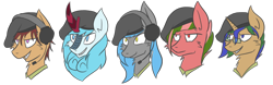 Size: 1202x376 | Tagged: safe, artist:exvius, oc, oc only, oc:exvius, oc:frost flare, oc:mind gate, earth pony, kirin, unicorn, beret, bust, hat, headset, simple background, transparent background, two toned mane