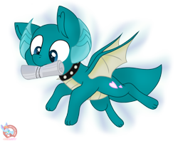 Size: 1717x1359 | Tagged: safe, artist:rainbow eevee, oc, oc only, oc:puppy love, dracony, dragon, hybrid, pony, collar, cutie mark, fangs, fetch, horns, male, mouth hold, newspaper, simple background, solo, spiked collar, spread wings, transparent background, wings