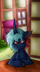 Size: 565x1010 | Tagged: safe, artist:captainofhopes, oc, pony, unicorn, long horn, solo, table