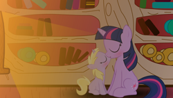 Size: 3840x2160 | Tagged: safe, artist:ruxify, dinky hooves, twilight sparkle, unicorn twilight, pony, unicorn, fanfic:twilight sparkle my mentor and more, age difference, explicit source, fanfic, fanfic art, female, filly, golden oaks library, kissing, lesbian, mare, revision, romantic, shipping, show accurate, twilight is a foal fiddler