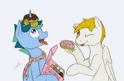 Size: 713x467 | Tagged: safe, artist:ravenpuff, oc, oc only, oc:good fortune, oc:sugar glazing, pegasus, pony, unicorn, :p, box, donut, donut box, duo, food, hoof hold, horn, horn impalement, implied ponut, looking up, male, necktie, one eye closed, open mouth, pegasus oc, stallion, the uses of unicorn horns, tongue out, unicorn oc, wings, wink