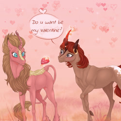 Size: 1200x1200 | Tagged: safe, artist:dementra369, oc, oc only, oc:firefly, kirin, pony, unicorn, female, holiday, looking at each other, mare, shipping, valentine's day