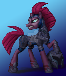 Size: 1024x1183 | Tagged: safe, artist:ironicjest, tempest shadow, pony, armor, badass, blue background, broken horn, colored, deviantart watermark, female, gradient background, gritted teeth, helmet, horn, mare, obtrusive watermark, solo, watermark