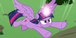 Size: 600x300 | Tagged: safe, screencap, twilight sparkle, twilight sparkle (alicorn), alicorn, pony, the ending of the end, angry, cropped, determined, glowing horn, horn, spread wings, wings