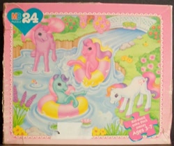 Size: 799x669 | Tagged: safe, light heart, sundance (g2), sweet berry, g2, cute, flower, g2 sundawwnce, g2 sweet sweetberry, inner tube, ivy (g2), ivybetes, lightheartbetes, milton bradley, official, pond, puzzle