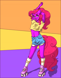 Size: 4430x5624 | Tagged: safe, artist:pitchyy, derpibooru import, pinkie pie, anthro, earth pony, unguligrade anthro, 80s, :p, abstract background, absurd resolution, arm behind head, belly button, clothes, denim shorts, female, looking at you, loose fitting clothes, roller skates, shirt, simple background, socks, solo, tongue out