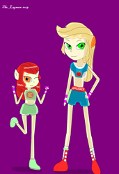 Size: 738x1078 | Tagged: safe, artist:iamthelagman, apple bloom, applejack, equestria girls, clothes, crossover, exeron fighters, exeron outfit, midriff, pony ears, sports bra