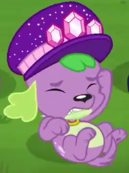 Size: 538x720 | Tagged: safe, screencap, spike, spike the regular dog, dog, better together, choose your own ending, equestria girls, lost and pound, lost and pound: spike, eyes closed, paw pads, paws, spike's festival hat, tail, underpaw