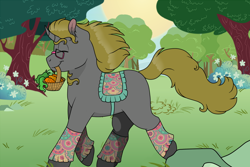 Size: 1200x800 | Tagged: safe, artist:69beas, oc, oc only, oc:luri equestria, pony, unicorn, basket, carrot, clothes, digital art, food, glasses, happy, male, saddle, smiling, solo, stallion, tack, trotting