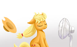 Size: 1136x690 | Tagged: safe, artist:foxpit, applejack, earth pony, pony, applejack's hat, chest fluff, cowboy hat, cute, eyes closed, fan, female, floppy ears, hat, jackabetes, mare, solo