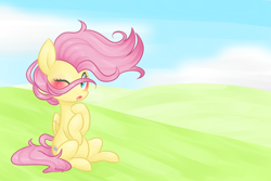 Size: 1200x800 | Tagged: safe, artist:distractedsketching, artist:theluckyangel, fluttershy, pegasus, pony, blushing, cute, female, folded wings, hooves to the chest, mare, one eye closed, open mouth, outdoors, shyabetes, sitting, solo, stray strand, three quarter view, windswept mane, wings