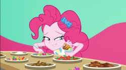 Size: 1922x1080 | Tagged: safe, screencap, pinkie pie, better together, choose your own ending, equestria girls, tip toppings, tip toppings: applejack, candy, chocolate, cup, female, food, froyo, frozen yogurt, jelly beans, smiling, sneaking, sneaky, spoon, toppings