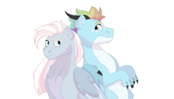 Size: 1280x732 | Tagged: safe, artist:itstechtock, oc, oc only, oc:rainbow ember, oc:will-o-wisp, dragon, pegasus, female, male, simple background, stallion, transparent background