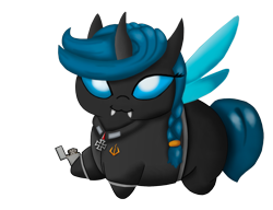 Size: 1791x1379 | Tagged: safe, artist:josipbrozbeforehoes, oc, oc only, oc:protectress lilac, changeling, changeling queen, equestria at war mod, blue changeling, braid, changeling queen oc, chubbie, clothes, cute, fangs, hoof hold, lighter, simple background, solo, transparent background