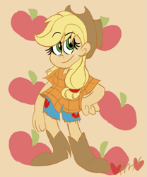 Size: 667x800 | Tagged: safe, artist:mirabuncupcakes15, applejack, human, apple, applejack's hat, boots, clothes, cowboy hat, female, flannel, food, freckles, hat, humanized, shoes, shorts, solo