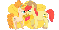 Size: 3900x2000 | Tagged: safe, artist:catz537, bright mac, pear butter, earth pony, pony, brightbutter, cute, dialogue, female, floral head wreath, flower, high res, male, mare, shipping, simple background, speech bubble, straight, transparent background