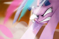 Size: 1500x1000 | Tagged: safe, artist:catz537, lord tirek, twilight sparkle, twilight sparkle (alicorn), alicorn, pony, twilight's kingdom, female, magic, mare, scene interpretation, super saiyan princess, twilight vs tirek