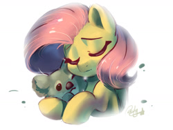 Size: 1600x1200 | Tagged: safe, artist:colorfulcolor233, fluttershy, koala, pegasus, pony, bust, cute, eyes closed, female, hug, mare, one eye closed, shyabetes, simple background, solo, white background