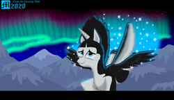 Size: 3122x1800 | Tagged: safe, artist:mrchaosthecunningwlf, artist:ponyvillechaos577, oc, oc:frost cloud, alicorn, dog, hybrid, pony, alicorn oc, arctic, aurora borealis, concept art, crossbreed, crying, emotional, flying, foal, happy, husky, prince, puppy, royalty, solo, tears of joy