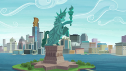 Size: 2880x1620 | Tagged: safe, screencap, the gift of the maud pie, city, cityscape, crystaller building, friendship island, island, manehattan, no pony, pier, piers, scenery, skyscraper, stadium, statue, statue of friendship