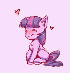 Size: 3109x3216 | Tagged: safe, artist:anna-cacilie, artist:untitledanimations, twilight sparkle, unicorn twilight, pony, unicorn, blushing, chest fluff, cute, ear fluff, eyes closed, female, heart, high res, mare, purple background, simple background, sitting, smiling, solo, twiabetes, unshorn fetlocks