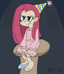 Size: 697x800 | Tagged: safe, artist:mirabuncupcakes15, pinkie pie, human, party of one, alternate hairstyle, barefoot, belt, clothes, dress, feet, female, flats, grumpy, hat, humanized, party hat, pinkamena diane pie, solo