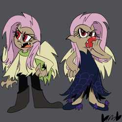 Size: 800x800 | Tagged: safe, artist:mirabuncupcakes15, fluttershy, bat pony, human, vampire, alternate hairstyle, apple, bat ponified, boots, clothes, dark skin, dress, duality, fangs, female, flats, flutterbat, food, gray background, humanized, jeans, open mouth, pants, race swap, scarf, shoes, simple background, sweater, sweatershy, torn clothes, winged humanization, wings