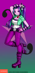 Size: 483x1000 | Tagged: safe, artist:srasomeone, aria blaze, equestria girls, aria bazookas, belt, boots, breasts, cleavage, clothes, commission, cutie mark background, female, gem, gradient background, green background, hand on hip, high heel boots, jacket, looking at you, microphone, pants, patreon, patreon reward, platform heels, pose, purple background, raised leg, shiny, shoes, simple background, siren gem, smiling, solo, top, watermark, wristband