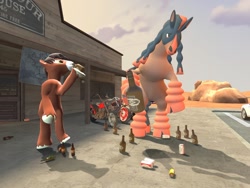 Size: 1024x768 | Tagged: safe, artist:horsesplease, trouble shoes, 3d, alcohol, beer, bottle, drunk, drunken shoes, gmod, mudsdale, pokémon, scrumpy