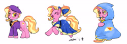 Size: 6217x2177 | Tagged: artist needed, safe, artist:tingyo, luster dawn, pony, unicorn, the last problem, beret, blanket, bow, cloak, clothes, cosplay, costume, cute, dress, eyes closed, female, gameloft, hair bow, hat, high res, lusterbetes, mare, multeity, necktie, open mouth, pixiv, ribbon, simple background, smiling, solo, suit, triality, white background