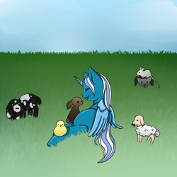 Size: 894x894 | Tagged: safe, artist:adopteverythings, oc, oc:fleurbelle, alicorn, duck, lamb, rabbit, sheep, adorabelle, alicorn oc, animal, commission, cute, eyes closed, female, grass, happy, mare, on side, sky, ych result, your character here